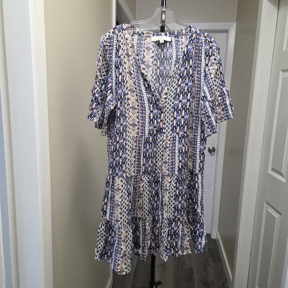 LOFT Blue Boho Print Flutter Sleeve Tiered Dress | V-Neck Flowy Mini - Picture 2 of 6